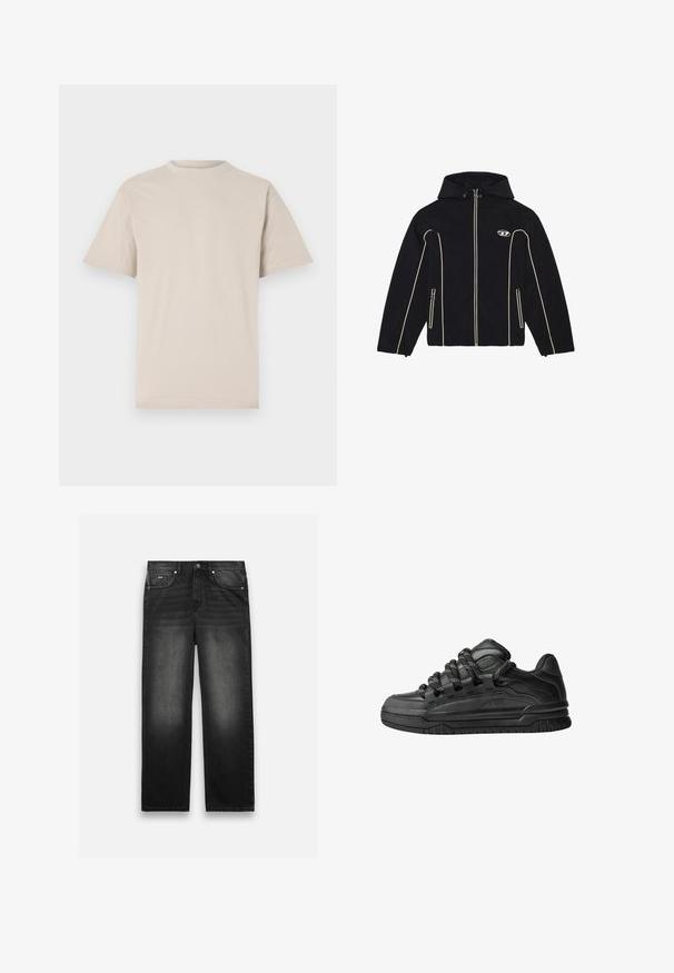Fekete kapucnis dzseki, fehér részletekkel és cipzárakkal, sima anyagból készült. Tartalmaz egy logót a mellkason és két oldalzsebet.; Beige rövid ujjú póló, kerek nyakkivágással, sima pamutzsákból készült, laza szabással és látható minták vagy díszítések nélkül.; Fekete farmernadrág, egyenes szárú kialakítással, öt zsebbel és megkopott textúrával. Elöl gombos és cipzáros záródással rendelkezik.; Fekete sportcipők sima bőrből készült felső résszel, struktúrált kiegészítőkkel, valamint kerek fekete és fehér fűzőkkel. Vastag gumitalp mintázott bordázattal.