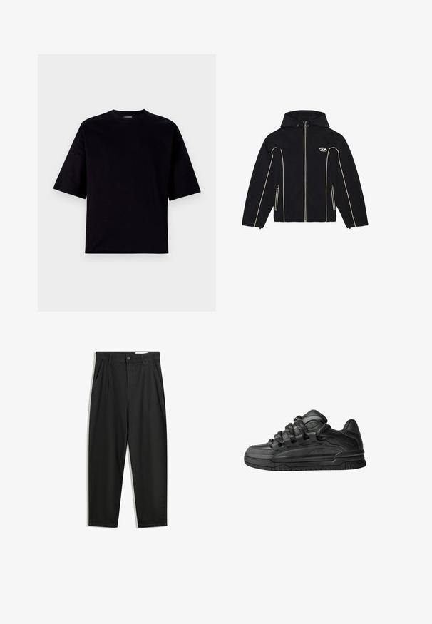 Černá bunda s kapucí, zdobená bílými akcenty a zipy, vyrobená z hladké tkaniny. Obsahuje logo na hrudi a dvě boční kapsy.; Černé tričko s krátkým rukávem vyrobené z bavlny. Má kulatý výstřih a volný střih s hladkou texturou, bez vzorů nebo ozdob.; Černé bavlněné kalhoty s uvolněným střihem, klasickým pasem, předními záhyby a bočními kapsami. Hladká textura bez vzorů.; Černé tenisky s hladkým koženým svrškem, texturovanými akcenty a kulatými černobílými tkaničkami. Silná gumová podrážka s vzorovaným dezénem.