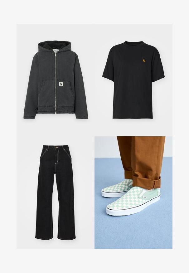 Schwarze Kapuzenjacke mit durchgehendem Reißverschluss, Fleecefutter, zwei Vordertaschen und einem Logofähnchen. Hergestellt aus strapazierfähigem Material mit lockerem Schnitt.; Schwarzes Baumwoll-T-Shirt mit lockerer Passform. Hat einen Rundhalsausschnitt und kurze Ärmel. Enthält ein kleines, goldfarben gesticktes Logo auf der Brust.; Schwarze weit geschnittene Jeans aus Denim, mit kontrastierenden weißen Nähten und einem vorderen Knopfverschluss, ausgestattet mit zwei schrägen Fronttaschen.; Füße in braunen, umgeschlagenen Hosen, die pastellgrüne und weiße Karomuster-Slip-On-Vans-Sneaker tragen, auf einem hellblauen Teppichboden.