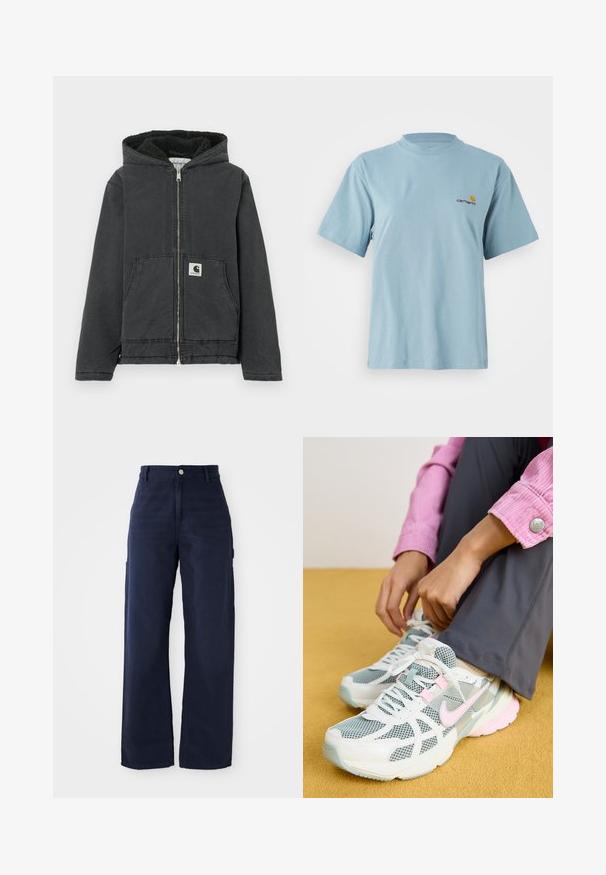 Musta hupullinen takki vetoketjulla edessä, fleecivuori, kaksi etutaskua ja logotägi. Valmistettu kestävästä materiaalista, rento istuvuus.; Vaaleansininen lyhythihainen puuvillapaita, jossa on pyöreä kaula-aukko ja pieni keltainen ja punainen Carhartt-logo vasemmalla rinnalla.; Laivastonsininen, leveälahkeinen cargo-housu, jossa on kestävä puuvillakangas, sivutaskut ja nappikiinnitys vyötäröllä.; Nike-juoksukengät, joissa on valkoinen ja vaaleanharmaa verkkomateriaali, vaaleanpunaiset korostukset ja pehmustettu pohja. Päällä harmaat housut, istumassa keltaisella pinnalla.