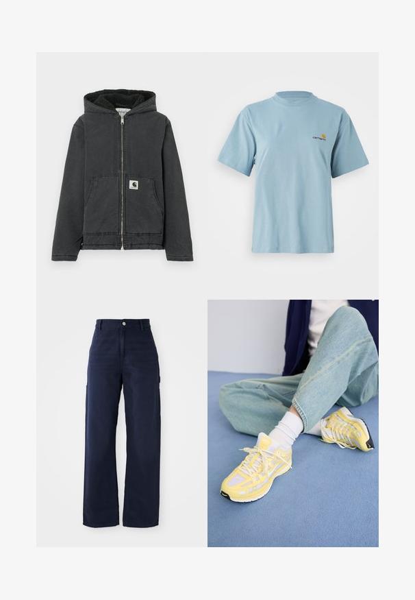 Fekete kapucnis dzseki cipzáras elejjel, polár béléssel, két első zsebbel és logóval ellátott címkével. Tartós anyagból készült, laza szabással.; Világoskék, rövid ujjú pamut póló kerek nyakkal és apró sárga és piros Carhartt logóval a bal mellen.; Tengerészkék, bővebb, cargo stílusú nadrág strapabíró pamutból, oldalsó zsebekkel és gombos derékmegoldással.; Sárga sportcipők hálós és szintetikus betétekkel, fehér fűzőkkel, fekete talppal és jellegzetes logóval a nyelvén.
