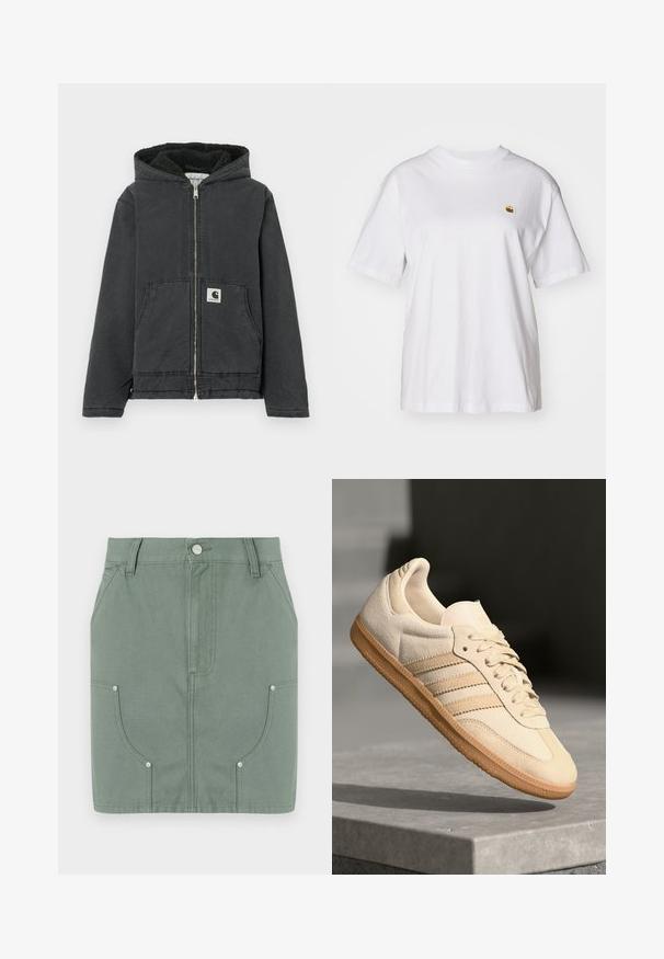Čierna kapucňová bunda so zipsom vpredu, flísovou podšívkou, dvoma prednými vreckami a logovou značkou. Vyrobená z odolného materiálu s voľným strihom.; Biely bavlnený tričko s voľným strihom, krátkymi rukávmi a malým vyšitým logom na ľavej strane hrude.; Zelená bavlnená sukňa s priliehavým strihom, so prednými vreckami, hladkou štruktúrou a kovovými detailmi na vreckách.; Svetlo béžová semišová teniska s gumovou podrážkou, tromi diagonálnymi pruhmi a textúrovaným špičkovým krytom. Obsahuje logo na jazyku a boku.