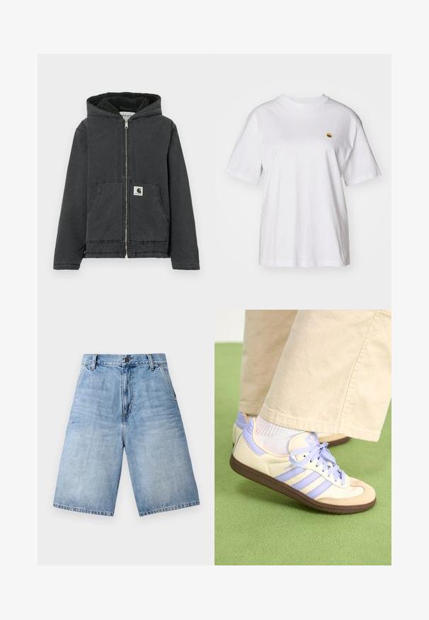 Black hooded jacket with a zip front, fleece lining, two front pockets, and a logo tag. Made of durable material with a relaxed fit.; White cotton t-shirt with a relaxed fit, short sleeves, and a small embroidered logo on the left chest area.; Light blue denim shorts with a loose fit, five-pocket design, and a button closure at the waistband. Frayed hem detail at the legs.; Cream and lavender sneakers with three stripes and a textured brown sole, featuring laces and a padded heel. Soft fabric upper.