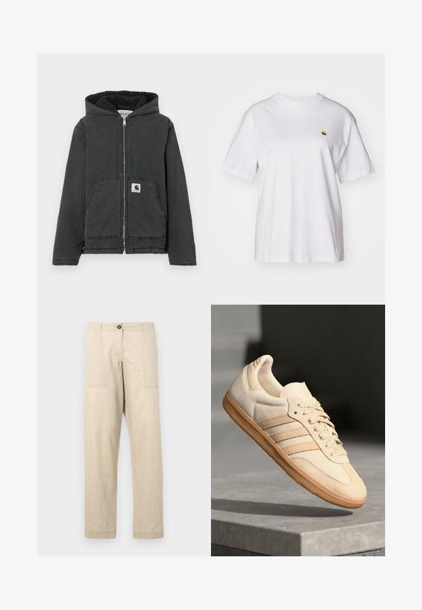 Fekete kapucnis dzseki cipzáras elejjel, polár béléssel, két első zsebbel és logóval ellátott címkével. Tartós anyagból készült, laza szabással.; Fehér pamut póló laza szabással, rövid ujjakkal és egy kis hímzett logóval a bal mellrészén.; Beige színű pamut nadrág, egyenes szabással, elülső zsebekkel, gombos záródással és felhajtott szárakkal. Sima textúra és minimális dizájn.; Világos bézs velúr sportcipő, gumitalppal, három átlós csíkkal és texturált orral. A díszítés a nyelven és az oldalon található.