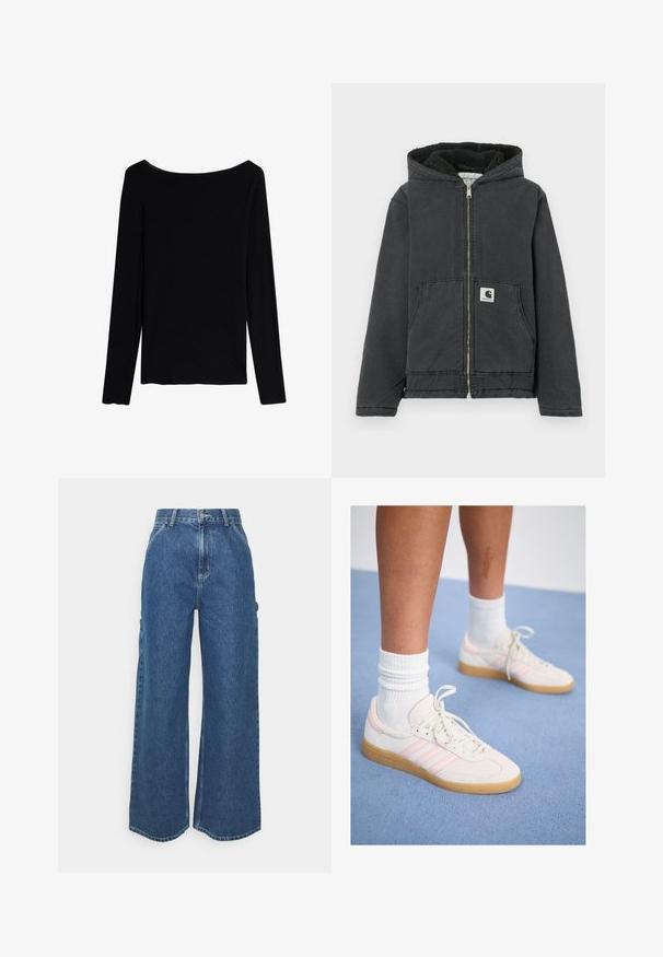 Giacca nera con cappuccio e zip frontale, fodera in pile, due tasche frontali e targhetta con logo. Realizzata in materiale resistente con vestibilità comoda.; Intimissimi U-BOOT-AUSSCHNITT - Maglietta a manica lunga - black; Pantaloni in denim blu a gamba larga con vita alta, cuciture a contrasto e tasche laterali, caratterizzati da un classico design a cinque tasche e orli grezzi.; Sneakers in suede bianco e rosa con tre strisce rosa, suola in gomma color marrone chiaro e calzini bianchi a coste. Posizionate su un tappeto blu.