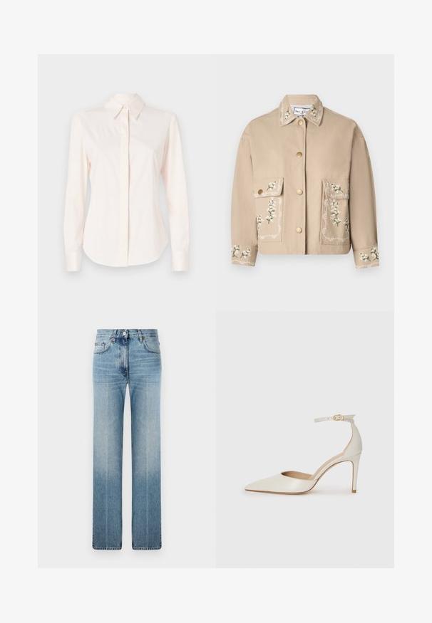 Veste beige avec col ornée de broderies florales. L'avant présente deux grandes poches, des boutons dorés et des coutures décoratives sur les manches.; Chemise longue à manches longues rose clair en tissu lisse, avec un col classique et une patte de boutonnage, des poignets ajustés et une coupe cintrée.; Jean droit bleu clair en denim, avec un léger dégradé, un design classique à cinq poches et un bouton en métal à la taille.; Chaussure à talon haut en cuir blanc avec un bout pointu, une bride de cheville et un talon aiguille fin. Texture lisse avec une finition légèrement brillante.