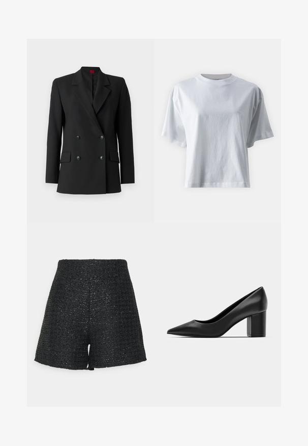 Zwarte dubbelbreasted blazer in een gestructureerd ontwerp, met gesneden revers, twee voorzakken en ronde zwarte knopen. Glad textuur van de stof.; IVY OAK KYLA - T-shirt basic - bright white; Zwarte geweven shorts met een gestructureerde afwerking en een subtiele glans. Kenmerkt zich door een hoge taille en een gestructureerde A-lijn vorm.; Zwarte leren pump met een spitse neus en een chunky vierkante hak. Glad textuur, eenvoudig ontwerp, geschikt voor formele gelegenheden.