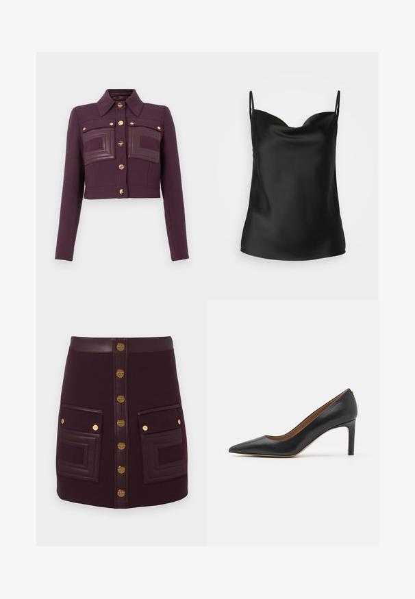 Skraćený tmavofialový kabát s dlhými rukávmi, zapínaním na gombíky, špicatým golierom a dvoma náprsními vreckami s koženými detailami.; Čierny saténový top s hlbokým výstrihom, tenkými ramienkami a hladkým, lesklým povrchom. Jednoduchý, klasický dizajn bez ozdôb.; Tmavofialová minisukňa s prednými zlatými gombíkmi, koženým pásom a dvoma veľkými prednými vreckami s koženým lemovaním a detailmi zo zlatých gombíkov.; Čierna kožená lodička s vysokým opätkom a špicatou špičkou, elegantným siluetu a tenkým opätkom. Má hladký povrch a minimálne kovové akcenty.