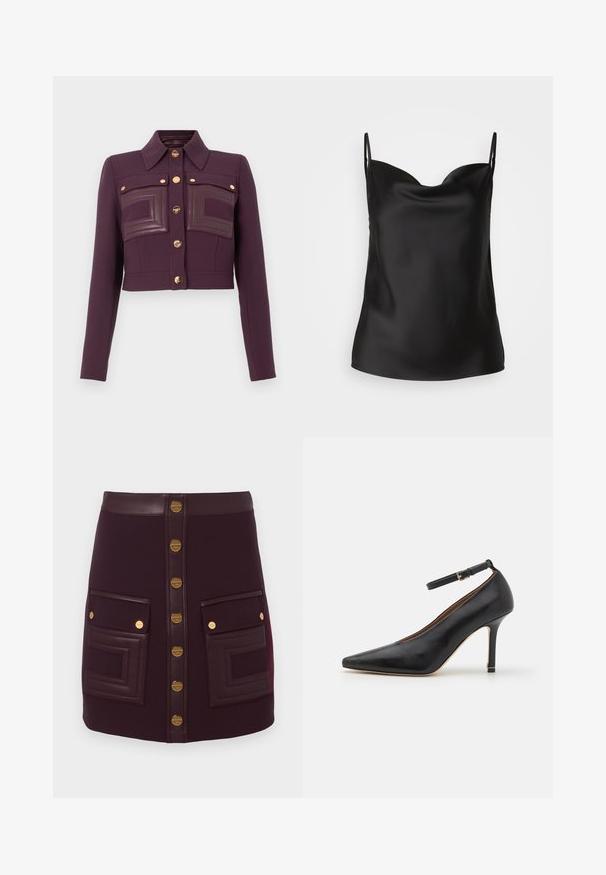 Skraćený tmavofialový kabát s dlhými rukávmi, zapínaním na gombíky, špicatým golierom a dvoma náprsními vreckami s koženými detailami.; Čierny saténový top s hlbokým výstrihom, tenkými ramienkami a hladkým, lesklým povrchom. Jednoduchý, klasický dizajn bez ozdôb.; Tmavofialová minisukňa s prednými zlatými gombíkmi, koženým pásom a dvoma veľkými prednými vreckami s koženým lemovaním a detailmi zo zlatých gombíkov.; Čierna kožená topánka na vysokom podpätku s špicatou špičkou, členkovým remienkom a tenkým podpätkom. Hladký povrch s zlatým akcentom na základe podpätku.