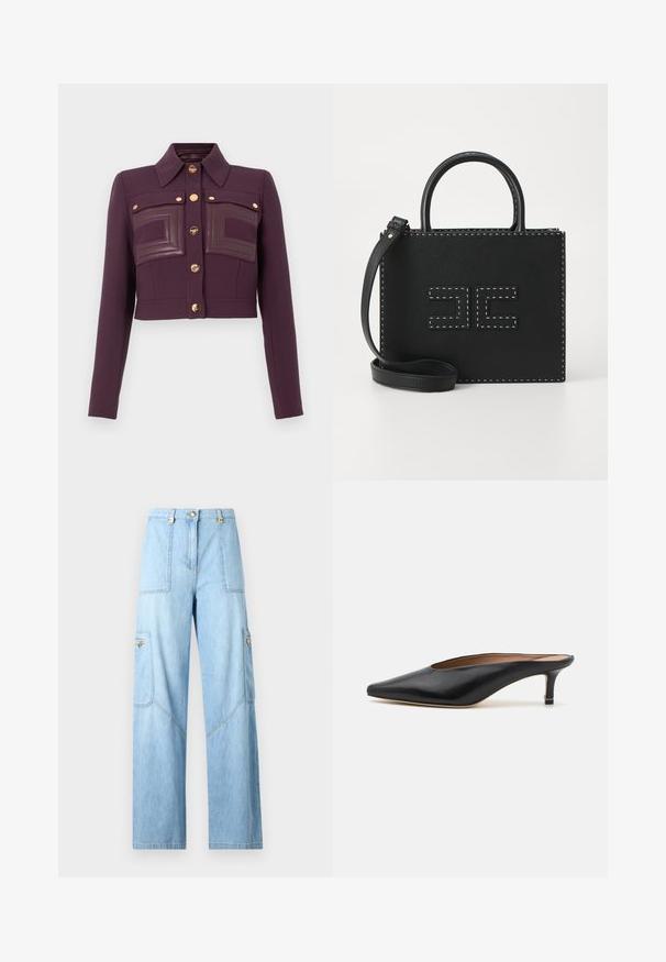 Kratota tumši purpursarkans bleķis ar garām piedurknēm, pogu aizdari, norādītu apkakli un divām krūšu kabatām ar ādas detaļu ieliktņiem.; Melna satīna kamzolis ar dziļu dekoltē, plānām siksnām un gludu, spīdīgu tekstūru. Vienkāršs, klasiskas dizaina bez rotājumiem.; Gaiši zili platās kājas džinsi, kas izgatavoti no denima. Iekļauj lielus sānu kabatas, šūšanas detaļas un pogu aizdari ar zelta akcentiem.; Melnas ādas mūlas ar norādītu pirkstu un zemu, bloku papēdi. Gluda tekstūra ar elegantu dizainu. Atvērta aizmugure ar minimālu detaļu skaitu.; Elisabetta Franchi WOMEN'S BAG - Rokassoma - nero