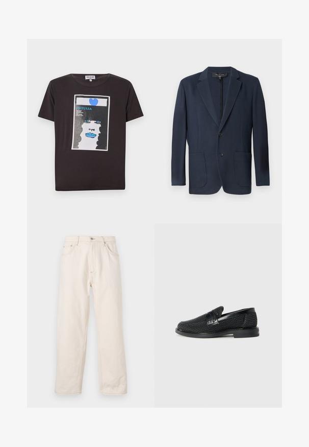 Navy blazer with a structured silhouette, double-button closure, two front pockets, and a textured finish. Suitable for formal occasions.; Black cotton t-shirt featuring a graphic design of a woman's face with blue lips, large blue eyes, and a heart, framed in a white rectangle.; Beige straight-leg jeans made of denim, featuring a button closure, five pockets, and visible stitching details. Smooth texture.; Black woven slip-on shoe with a smooth leather accent on the upper, a round toe design, and a low-profile rubber sole.