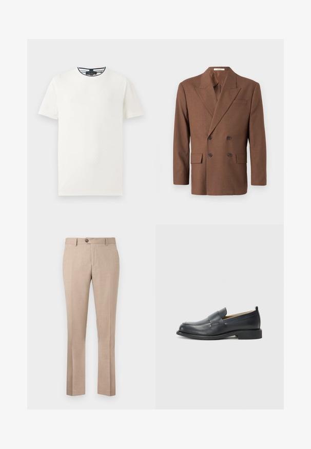 Hnědý dvouřadý blazer vyrobený z texturované tkaniny, s klopovými límci, dvěma předními kapsami a tmavými knoflíky.; Bílý tričko s krátkým rukávem se strukturovaným vzorem, kulatým výstřihem a námořnickými pruhy na límci. Lehká tkanina. Volný střih.; Béžové kalhoty vyrobené z lehkého materiálu, mají rovný střih, zapínání na single knoflík a dvě přední kapsy.; Černé kožené mokasíny s hladkým povrchem, plochou podrážkou a zaoblenou špičkou, zdobené páskem přes svršek.