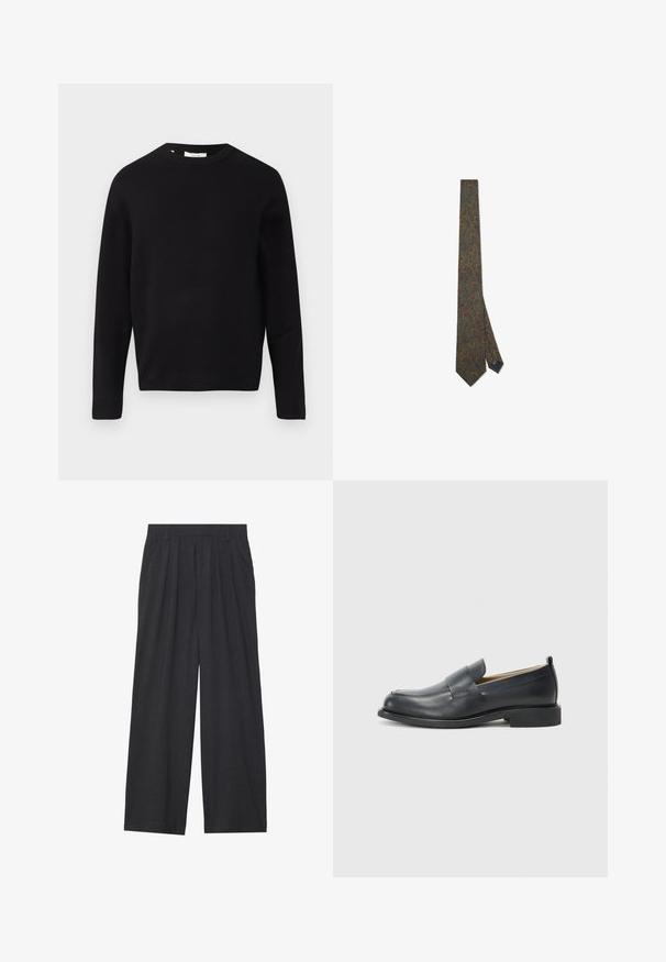 Pruun kahekordne bleiser, mis on valmistatud tekstuuriga kangast, omades sälguga kraed, kahte eesmist taskut ja tumedaid nuppe.; Mustmust mustri ümberkaela, pikad varrukad ja lõdva lõikega. Sile tekstuur, minimalistlik disain, ilma mustrite ja kaunistusteta.; Laiene püksid, mis on valmistatud tumedast hallist kangast. Omavad vööümbrikus voldikuid, on kohandatud disainiga ja sirge siluett.; Mustad mustad nahast loaferid, millel on sile viimistlus, lame tall ja ümar varvas, koos dekoratiivse rihmaga üle pealmise osa.; Roheline lips, millel on oranž ja sinine paisleimuster. Valmistatud kangast, sellel on terav ots ja kitsal otsal väike silt.