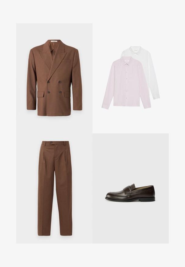 Brown double-breasted blazer made of textured fabric, featuring a notched lapel, two front pockets, and dark buttons.; Two long-sleeve shirts: one light pink, one white. Both feature pointed collars and button closures. Smooth fabric with no patterns.; Brown tailored trousers with a straight fit, visible pleats, front pockets, and a single button closure at the waistband. Smooth texture.; Calvin Klein Slip-ons - cocoa brown