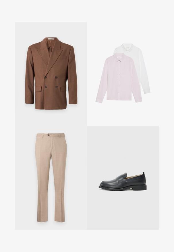 Καφέ διπλό μπουφάν από υφασμάτινη υφή, με πέτο, δύο μπροστινές τσέπες και σκούρους κουμπιά.; Δύο μπλούζες με μακριά μανίκια: μία ανοιχτό ροζ και μία λευκή. Και οι δύο διαθέτουν μυτερούς γιακάδες και κουμπιά. Λείο ύφασμα χωρίς σχέδια.; Μπεζ παντελόνι κατασκευασμένο από ελαφρύ υλικό, διαθέτει ίσια γραμμή, κλείσιμο με έναν μόνο κουμπί και δύο μπροστινές τσέπες.; Μαύρες δερμάτινες loafers με λείο φινίρισμα, επίπεδη σόλα και στρογγυλή μύτη, διαθέτοντας διακοσμητική ζώνη πάνω στην επάνω πλευρά.