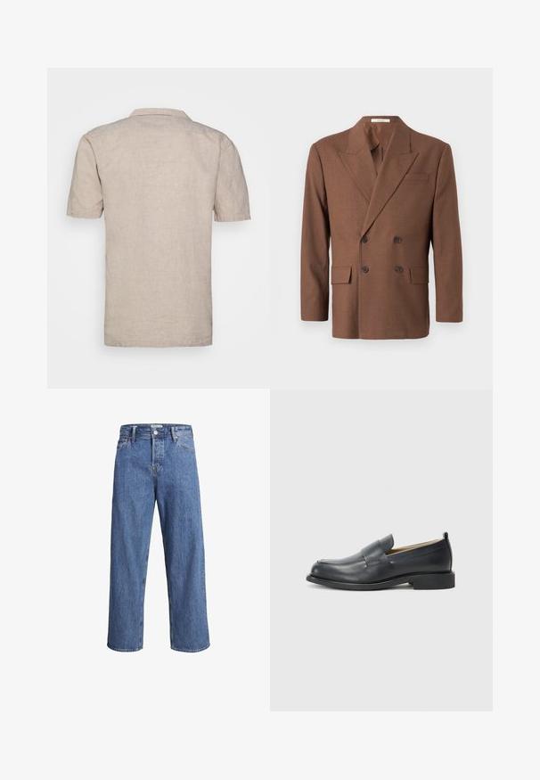 Rudas dvigubas švarkas, pagamintas iš tekstūruotos medžiagos, su smakrinėmis atverslomis, dviem priekinėmis kišenėmis ir tamsiais mygtukais.; Šviesiai ruda lino marškiniai trumpomis rankovėmis su apykakle, turintys tekstūruotą audinį ir tiesų juostos kraštą, be matomų raštų ar akcentų.; Ruda megzta bešviesė spalvos viršutinė dalis be rankovių, su šonkauliniu tekstūros raštu, aukštu kaklu ir šoninėmis plyšėmis. Savybės: prigludęs apdaila ir minkšta medžiaga.; Šviesiai mėlynos džinsinės kelnės su tiesiu kirpimu, aukštu liemeniu ir minimaliais siuvimo detalėmis. Audinys yra minkštas, šiek tiek nublukęs.; Juodi odiniai loaferiai su lygia danga, plokščiu padu ir apvaliu pirštu, papuošti dekoratyvia juostele per viršų.