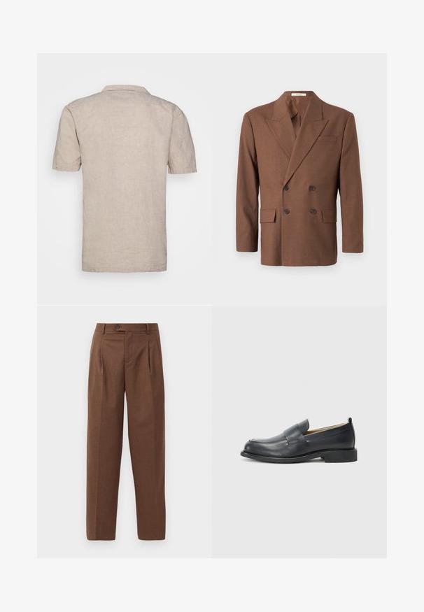 Rudas dvigubas švarkas, pagamintas iš tekstūruotos medžiagos, su smakrinėmis atverslomis, dviem priekinėmis kišenėmis ir tamsiais mygtukais.; Šviesiai ruda lino marškiniai trumpomis rankovėmis su apykakle, turintys tekstūruotą audinį ir tiesų juostos kraštą, be matomų raštų ar akcentų.; Rudos pritaikyti kelnių modeliai su tiesia fasonu, matomais klostėmis, priekinėmis kišenėmis ir vienu mygtuku liemenyje. Lygi tekstūra.; Juodi odiniai loaferiai su lygia danga, plokščiu padu ir apvaliu pirštu, papuošti dekoratyvia juostele per viršų.