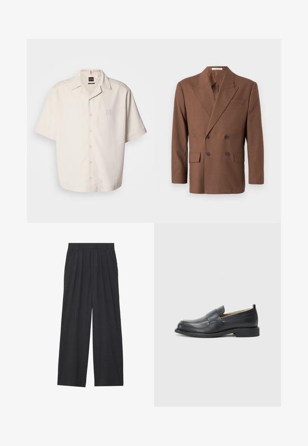 Smeđi dvostruko nastavljeni sako od teksturirane tkanine, s oštrim reverima, dva prednja džepa i tamnim dugmadima.; Košulja kratkih rukava u krem boji s glatkom tkaninom, koja ima mali kvadratni logo džep i klasični dizajn ovratnika.; Hlače širokih nogavica napravljene od tamnosive tkanine. Imaju nabore na struku, kroj prilagođen tijelu i ravnu siluetu.; Crne kožne mokasine s glatkom površinom, ravnim đonom i zaobljenim prstima, s dekorativnom trakom preko gornjeg dijela.