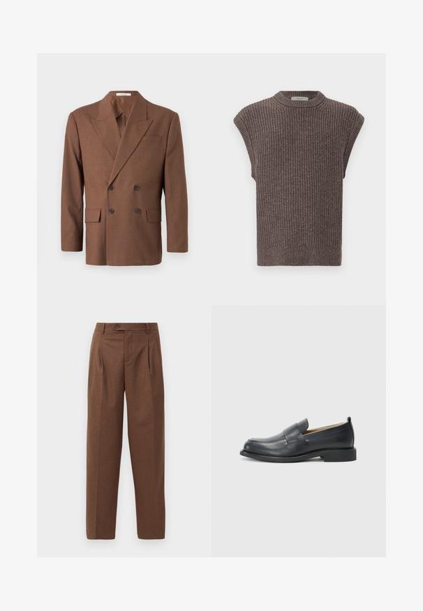 Brun dobbeltbrystet blazer lavet af struktureret stof, med reverskrave, to frontlommer og mørke knapper.; Brun strikket ærmeløs top med ribbet tekstur, høj krave og sideslidser. Har en tætsiddende kant og blødt stof.; Brune skræddersyede bukser med lige pasform, synlige folder, forlommer og en enkelt knaplukning i taljen. Glat tekstur.; Sorte læder loafers med en glat finish, flad sål og rund tå med en dekorativ rem over vristen.