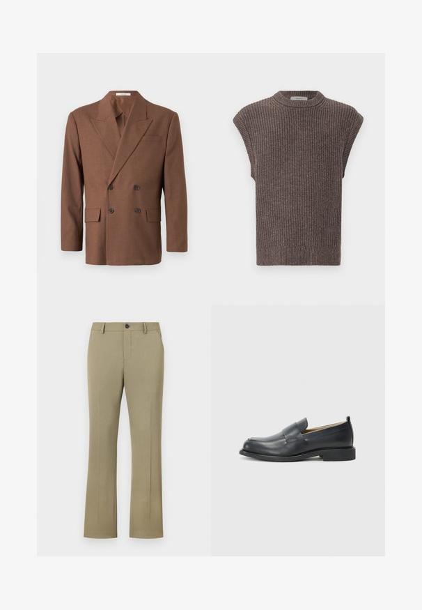 Rudas dvigubas švarkas, pagamintas iš tekstūruotos medžiagos, su smakrinėmis atverslomis, dviem priekinėmis kišenėmis ir tamsiais mygtukais.; Ruda megzta bešviesė spalvos viršutinė dalis be rankovių, su šonkauliniu tekstūros raštu, aukštu kaklu ir šoninėmis plyšėmis. Savybės: prigludęs apdaila ir minkšta medžiaga.; Šviesiai rudos spalvos, išplatintos kelnės su lygiu, audiniu tekstūra. Su mygtuko sagtimi, užtrauktuku, šoninėmis kišenėmis ir pritaikytu siluetu.; Juodi odiniai loaferiai su lygia danga, plokščiu padu ir apvaliu pirštu, papuošti dekoratyvia juostele per viršų.