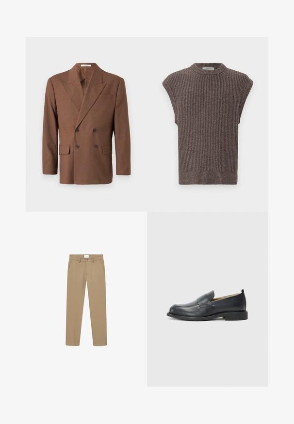 Hnedý dvojradový blejzer vyrobený z textúrovanej látky, s klopovým golierom, dvoma prednými vreckami a tmavými gombíkmi.; Hnedý pletený top bez rukávov s ryhovanou textúrou, vysokým výstrihom a bočnými rozparkom. Má priliehavý lem a mäkký materiál.; Béžové nohavice s hladkým povrchom, rovný strih, predné vrecká a zapínanie na gombík. Označenie viditeľné na páse.; Čierne kožené poltopánky s hladkým povrchom, plochou podrážkou a okrúhlou špičkou s dekoratívnym pásikom cez hornú časť.