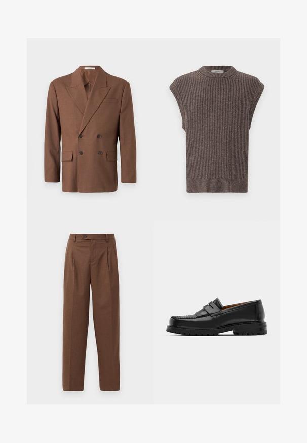 Blazer castanho de dois botões, feito de tecido texturizado, com lapela de pico, dois bolsos frontais e botões escuros.; Top sem mangas de malha castanho com textura canelada, gola alta e fendas laterais. Apresenta uma bainha ajustada e um tecido suave.; Calças castanhas sob medida com um corte reto, pregas visíveis, bolsos frontais e um fecho de botão único na cintura. Textura suave.; Os mocassins de couro preto apresentam uma costura elevada, duas tiras decorativas na parte superior e uma sola grossa e texturizada para maior aderência.