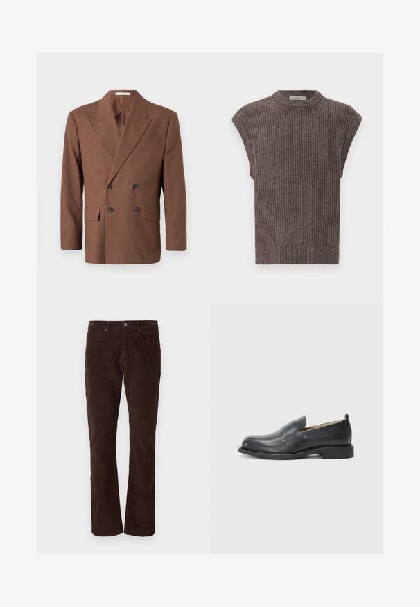 Brown double-breasted blazer made of textured fabric, featuring a notched lapel, two front pockets, and dark buttons.; Brown knit sleeveless top with a ribbed texture, high neckline, and side slits. Features a fitted hem and soft fabric.; Brown corduroy pants with a straight fit, featuring five pockets, a button closure, and vertical stripes in the fabric texture.; Black leather loafers featuring a smooth finish, a flat sole, and a rounded toe with a decorative strap across the upper.