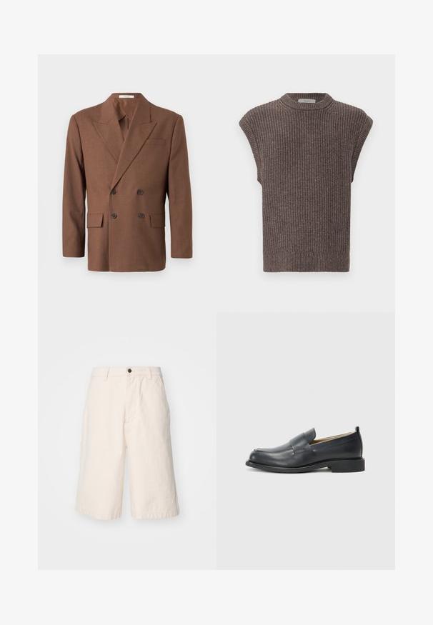 Brown double-breasted blazer made of textured fabric, featuring a notched lapel, two front pockets, and dark buttons.; Brown knit sleeveless top with a ribbed texture, high neckline, and side slits. Features a fitted hem and soft fabric.; Light beige cotton shorts with a straight fit, featuring a button closure, side pockets, and a hem that falls just above the knee.; Black leather loafers featuring a smooth finish, a flat sole, and a rounded toe with a decorative strap across the upper.
