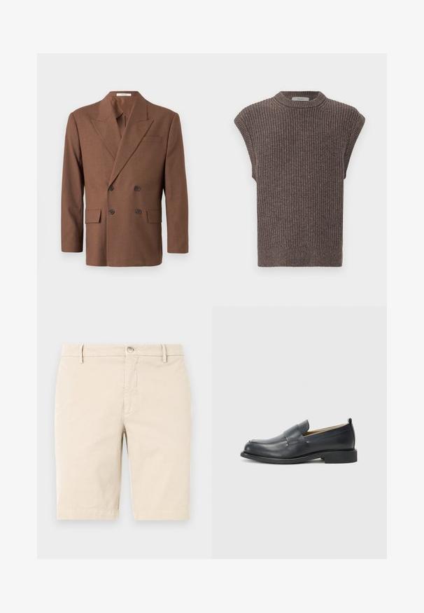 Brauner, doppelt-reihiger Blazer aus strukturiertem Stoff, mit Reverskragen, zwei vorderen Taschen und dunklen Knöpfen.; Braun gestricktes ärmelloses Top mit gerippter Textur, hohem Ausschnitt und seitlichen Schlitzen. Verfügt über einen engen Saum und weichen Stoff.; Beige Baumwollshorts mit flachem Frontdesign, Reißverschluss, Knopfverschluss und Seitentaschen. Glatte Textur und knielange Passform.; Schwarzlederne Slipper mit einem glatten Finish, einer flachen Sohle und einer abgerundeten Zehenpartie, die einen dekorativen Riemen über dem Obermaterial aufweisen.