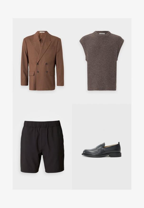 Barna, kétsoros zakó, texturált anyagból készült, kivágott hajtókával, két elülső zsebbel és sötét gombokkal.; Barna kötött ujjatlan felső bordázott textúrával, magas nyakkivágással és oldalsó hasítékokkal. Feszített szegéllyel és puha anyaggal rendelkezik.; Fekete, rugalmas anyagból készült rövidnadrág, elasztikus derékkal, oldalzsebekkel és egyszerű, letisztult dizájnnal. Nincsenek minták vagy kiegészítők.; Fekete bőr loaferek sima felülettel, lapos talppal és kerek orral, dekoratív pánttal a felső részen.