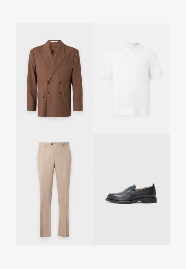 Brown double-breasted blazer made of textured fabric, featuring a notched lapel, two front pockets, and dark buttons.; White short-sleeve polo shirt with a textured knit design, featuring a V-neck collar and ribbed cuffs for a fitted finish.; Beige trousers made from a lightweight fabric, feature a straight cut, single button closure, and two front pockets.; Black leather loafers featuring a smooth finish, a flat sole, and a rounded toe with a decorative strap across the upper.