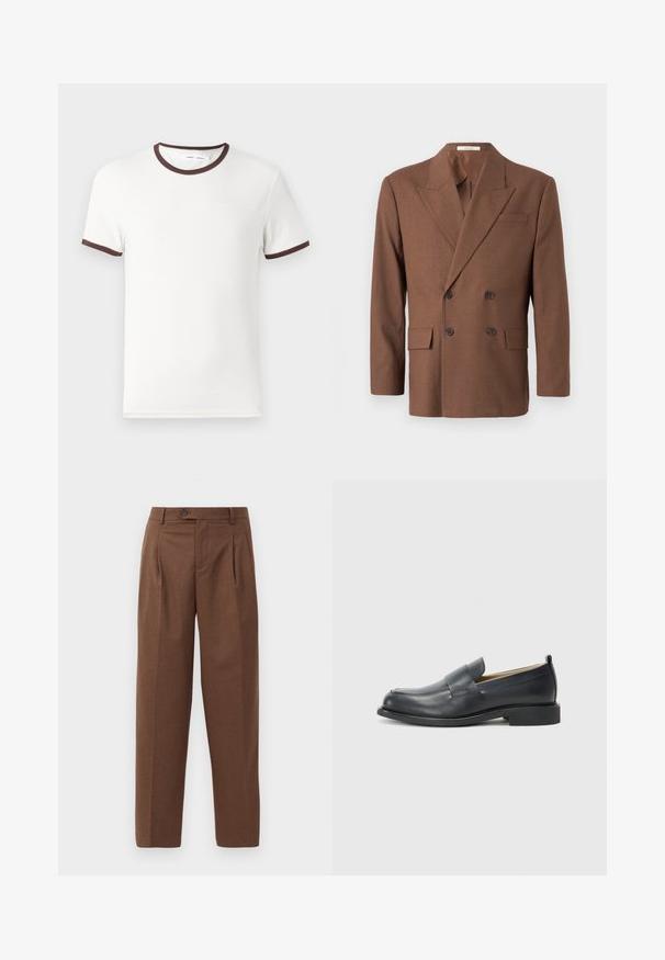 Ruskea kaksirivinen bleiseri, joka on valmistettu teksturoidusta kankaasta. Siinä on läppäkaulus, kaksi etutaskua ja tummat napit.; Valkoinen lyhythihainen T-paita, jossa on ruskea ribbireuna kauluksessa ja hihoissa, valmistettu pehmeästä puuvillamateriaalista. Yksinkertainen ja klassinen muotoilu.; Ruske muške hlače krojene u ravnom skladu, s vidljivim nabranjima, prednjim džepovima i jednim dugmetom za zatvaranje u pojasu. Glatka tekstura.; Musta nahkakengät, joissa on sileä pinta, litteä pohja ja pyöristetty varvas, sekä koristeellinen nauha päälliosassa.