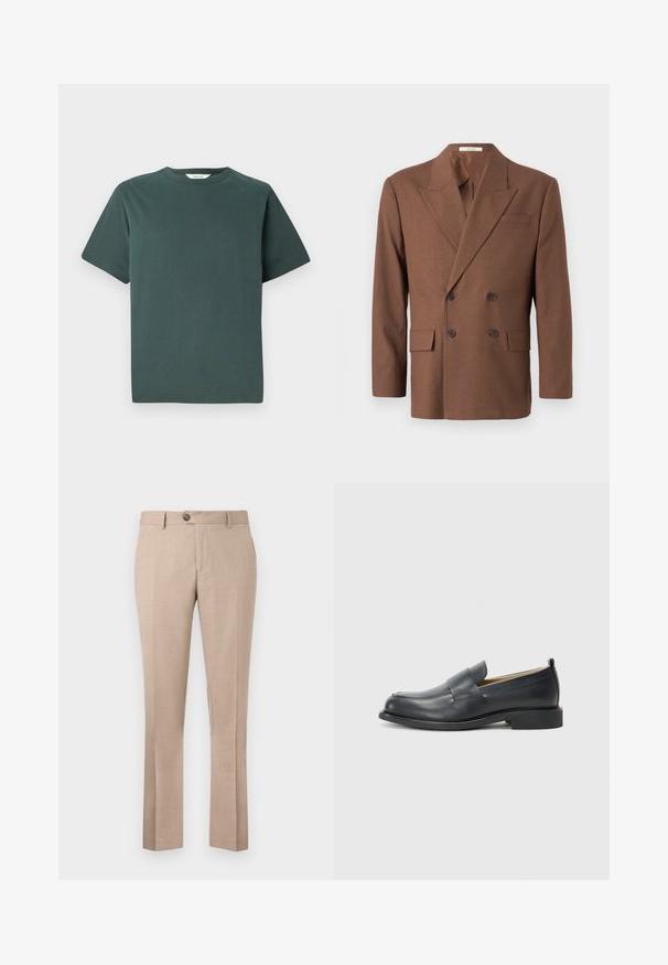 Hnědý dvouřadý blazer vyrobený z texturované tkaniny, s klopovými límci, dvěma předními kapsami a tmavými knoflíky.; Tmavě zelené bavlněné tričko s kulatým výstřihem, krátkými rukávy a volným střihem; hladká textura bez viditelných vzorů nebo dekorací.; Béžové kalhoty vyrobené z lehkého materiálu, mají rovný střih, zapínání na single knoflík a dvě přední kapsy.; Černé kožené mokasíny s hladkým povrchem, plochou podrážkou a zaoblenou špičkou, zdobené páskem přes svršek.