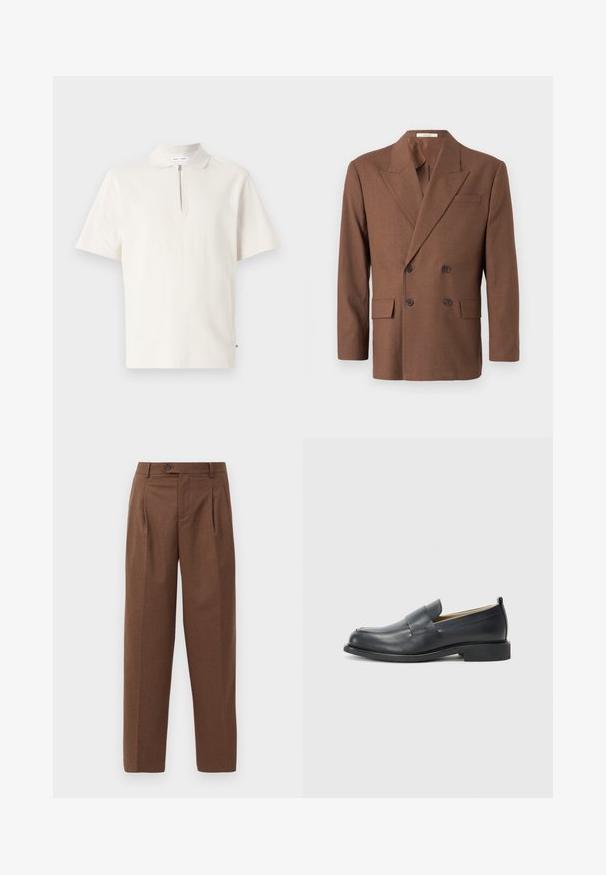 Brun dobbeltradet blazer laget av teksturert stoff, med utsvingt krage, to frontlommer og mørke knapper.; Kortermet polo skjorte i off-white, med glidelås i halsen. Laget av myk stoff, med et rent, minimalistisk design uten synlige mønstre.; Brune skreddersydde bukser med rett passform, synlige folder, frontlommer og en enkelt knappelukking i livet. Jevn tekstur.; Sorte lærloafers med en glat overflade, en flad sål og en rund tå med en dekorativ rem over toppen.