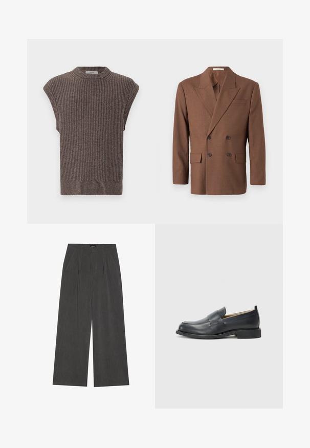Rjav dvoredni blazer iz teksturirane tkanine, ki ima zarezan ovratnik, dva sprednja žepa in temne gumbe.; Rjava pletena brezrokavnik z rebrasto teksturo, visokim ovratnikom in stranskimi razporki. Ima prilegnjen rob in mehak material.; Hlače s širokimi hlačnicami v temnosivem blagu, z nabrano sprednjo stranjo, dvema stranskima žepoma in ravnim pasom. Gladka tekstura in skrbno zasnova.; Črne usnjene loaferje z gladko površino, ravnim podplatom in okroglo konico ter dekorativnim trakom čez zgornji del.