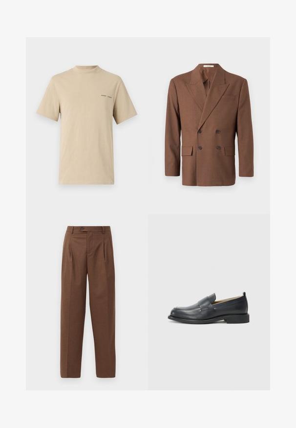 Brun dobbeltbrystet blazer lavet af struktureret stof, med reverskrave, to frontlommer og mørke knapper.; Beige bomulds t-shirt med rund halsudskæring og korte ærmer. Har en diskret sort "SAMSOE" tekstlogo på brystet.; Brune skræddersyede bukser med lige pasform, synlige folder, forlommer og en enkelt knaplukning i taljen. Glat tekstur.; Sorte læder loafers med en glat finish, flad sål og rund tå med en dekorativ rem over vristen.