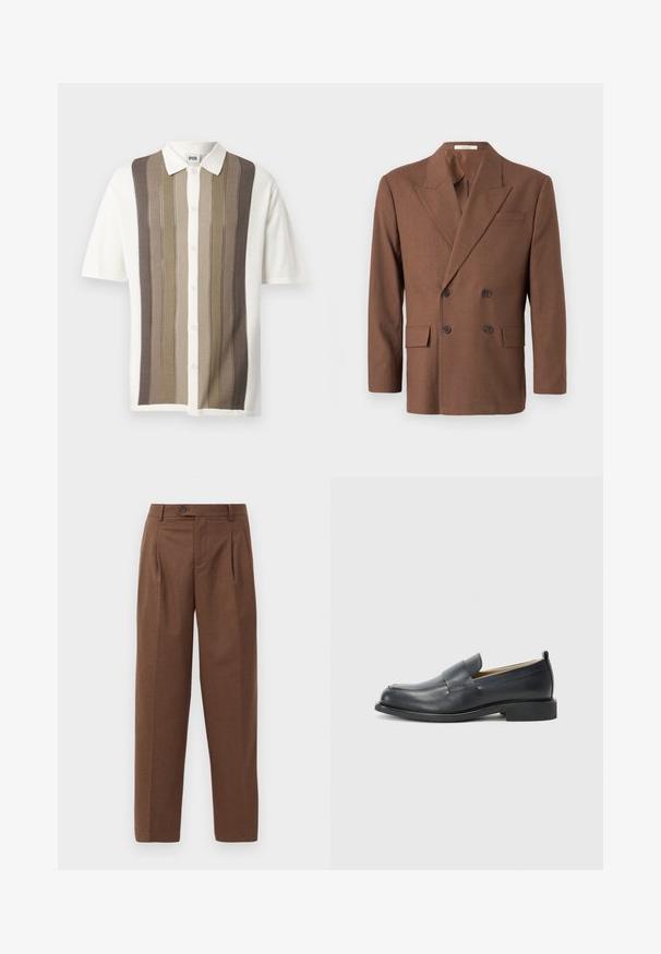 Brun dobbeltbrystet blazer lavet af struktureret stof, med reverskrave, to frontlommer og mørke knapper.; Kortærmet skjorte med krave og lodrette striber i beige, brun og creme; knaplukning; strikket stof med struktureret mønster.; Brune skræddersyede bukser med lige pasform, synlige folder, forlommer og en enkelt knaplukning i taljen. Glat tekstur.; Sorte læder loafers med en glat finish, flad sål og rund tå med en dekorativ rem over vristen.