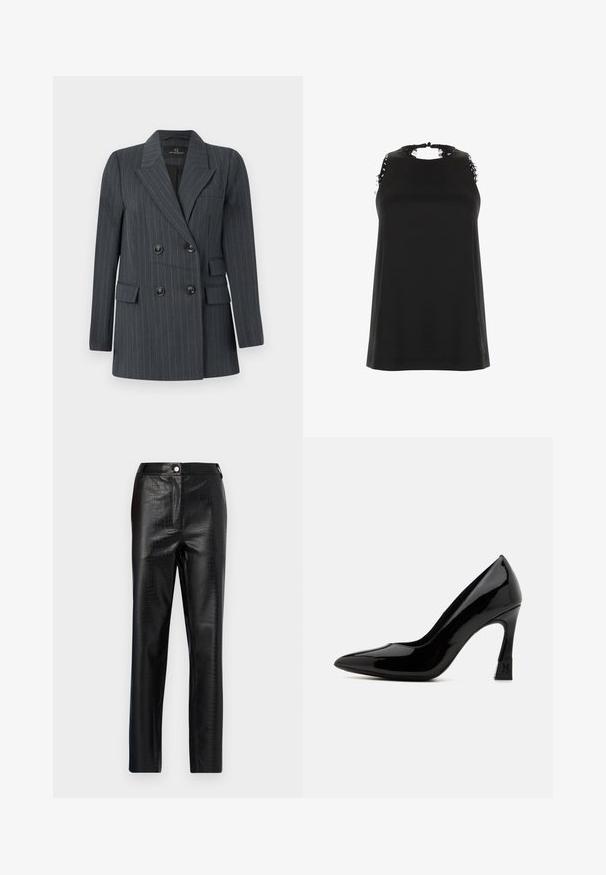 Tamsiai mėlynas švarkas su smulkiais dryžiais, dvigubu užsegimu, dviem šoninėmis kišenėmis ir vienintele krūtine kišene; turi didelius juodus mygtukus ir struktūruotus atlapus.; Juodas be rankovių viršus su aukštu iškirpimu, kuriame yra nutrintų nėrinių akcentų ant pečių ir lygi, švelni tekstūra.; Juodos dirbtinės odos kelnės su krokodilo raštu, siauras kirpimas, tiesaus kirpimo dizainas, su priekiniais sagos uždarymu ir standartine juosmens juosta.; Juodas patentuotas odos aukštakulnis batelis su smailiu nosiu ir blokuoto aukščio kulnu, puikuojantis logotipo akcentu. Lygi, blizgi paviršiaus tekstūra.