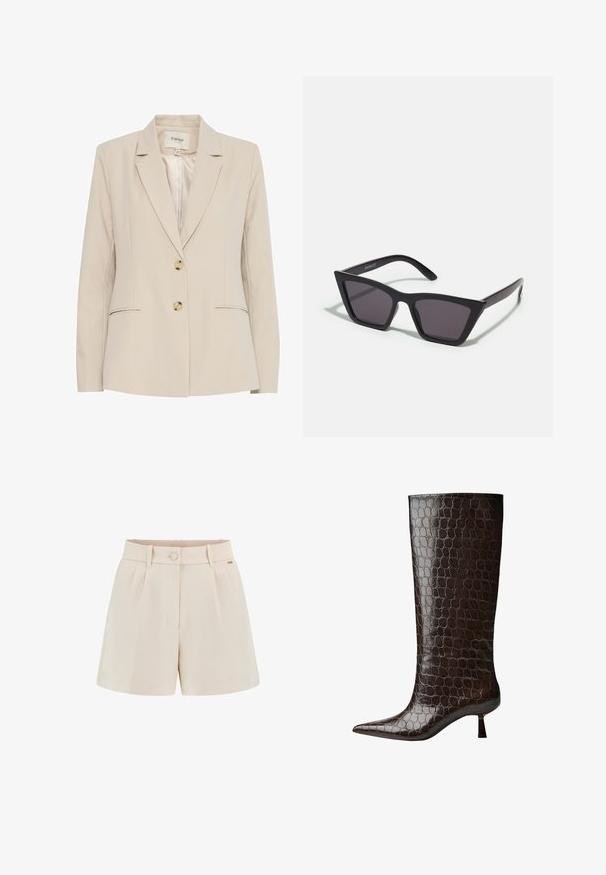 Beige Blazer mit Reverskragen, zwei Knöpfen und seitlichen Taschen. Aus glattem Stoff gefertigt, mit subtilen Nähten.; Hellgrünes Hemd mit Knöpfen aus weichem, glattem Stoff. Verfügt über einen klassischen Kragen, lange Ärmel und einen leicht abgerundeten Saum.; Beige maßgeschneiderte Shorts mit Falten, einer vorderen Knopfleiste und seitlichen Taschen. Hergestellt aus glattem Stoff mit einem sauberen Finish und subtilen Markendetails.; Knöchelhohe braune Lederstiefel mit Krokodilmustern, spitzer Zehe und kurzem, quadratischem Absatz. Glatte Textur insgesamt.; Schwarze, eckige Sonnenbrille mit grauen Gläsern; aus Kunststoff gefertigt, mit dicken Bügeln, die eine glatte Oberfläche und keine sichtbaren Beschläge haben.; Schwarze Ledertasche mit glatter Textur, minimalistisches Design und einem einzigen, geschwungenen Schultergurt. Offenes Oberteil, keine sichtbaren Beschläge.; Anna Field LEATHER - Fingerhandschuh - black