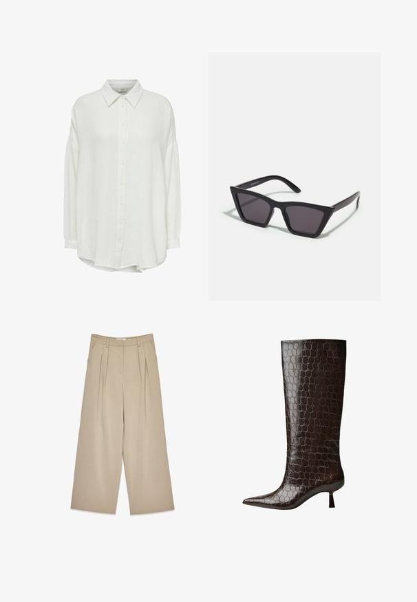 Beige blazer with a notched collar, two buttons, and side pockets. Made of smooth fabric, features subtle stitching accents.; White, crinkled button-up shirt with a collar, featuring long sleeves and a relaxed fit, textured fabric, and button closure down the front.; Beige wide-leg trousers with front pleats, side pockets, belt loops, and a concealed front fastening.; Knee-high brown leather boots with a crocodile pattern, pointed toe, and a short square heel. Smooth texture throughout.; Black, angular sunglasses with gray lenses; made of plastic, featuring thick arms with a smooth surface and no visible hardware.; Black leather handbag with a smooth texture, minimalistic design, and a single, curved shoulder strap. Open top, no visible hardware.; Anna Field LEATHER - Gloves - black