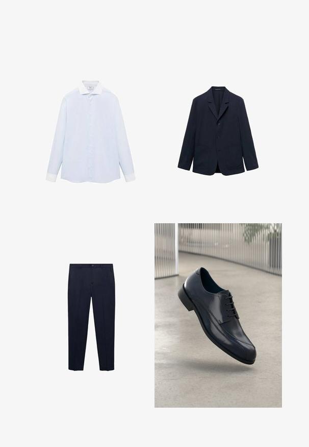 Blazer navy realizzato in tessuto leggero con revers a scollo a V, maniche lunghe, due tasche frontali e chiusura a tre bottoni.; Camicia a maniche lunghe a righe blu chiaro con colletto e polsini bianchi, dotata di chiusura con bottoni sul davanti e orlo curvo. Tessuto dalla texture liscia.; Pantaloni blu navy realizzati in tessuto liscio, con una vestibilità dritta, vita standard con bottone e tasche laterali discrete.; Scarpa da cerimonia in pelle nera lucida con lacci, sospesa sopra un pavimento grigio chiaro e con barre metalliche verticali sullo sfondo.