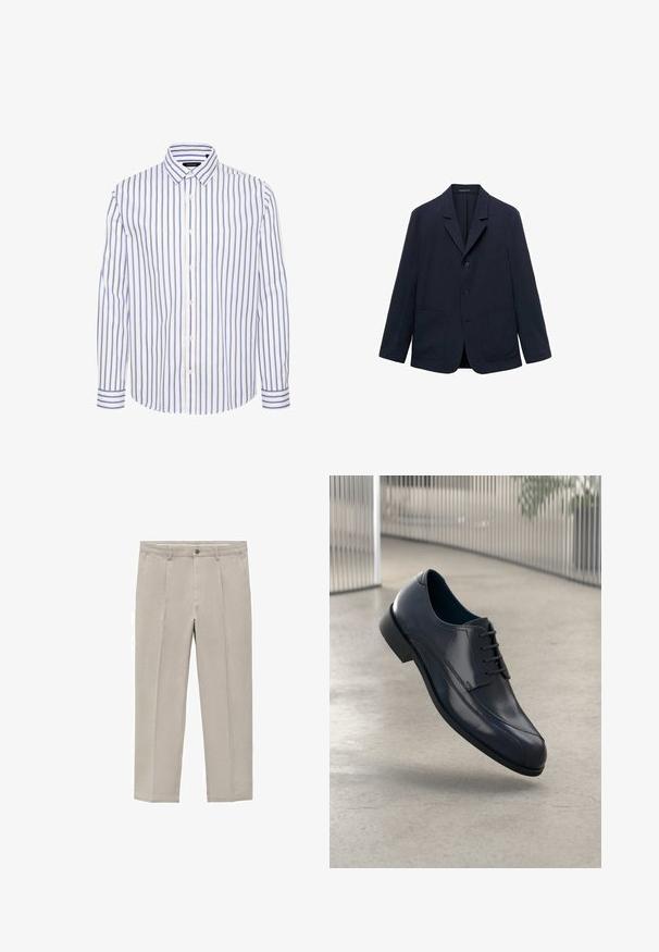 Námořnický blazer vyrobený z lehké tkaniny s klopovým límcem, dlouhými rukávy, dvěma předními kapsami a zapínáním na tři knoflíky.; Bílá košile na knoflíčky s vertikálními modrými a hnědými pruhy, s límcem typu spread a knoflíkovými manžetami se sladěnými pruhy.; Světle béžové kalhoty vyrobené z bavlněné směsi, se střihovým designem rovného nohavice, předními záhyby, zapínáním na knoflík a bočními kapsami.; Lesklá černá kožená společenská obuv s tkaničkami, plovoucí nad hladkým, světle šedým podlahovým povrchem a s vertikálními kovovými pruty v pozadí.