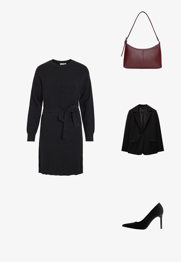 Fekete blézer sima szövetből, egy gombos záródással, bemetszett gallérral és két elülső zsebbel. Minimalista dizájn, testreszabott fazon.; Fekete kötött ruha hosszú ujjal, kerek nyakkivágással és övvel ellátott derékrésszel. Bordás mandzsetta és oldalszabás a hemnél.; Fekete, tűsarkú cipő, hegyes orral, sima, matt anyagból készült, karcsú stiletto sarkú, és finom kivágással a boltozatnál.; Bordó bőr kézitáska ívelt formával, egyetlen vállpánttal és varrott díszítéssel a középen. Simás textúra, minimális fémalkatrészek.