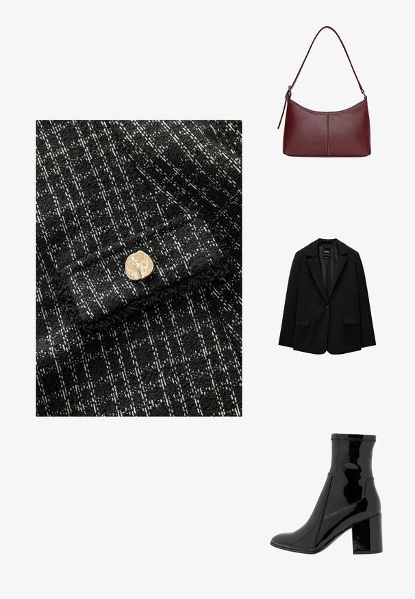 Schwarzer Blazer aus glattem Stoff mit einem Knopfverschluss, abgesetztem Revers und zwei vorderen Taschen. Minimalistisches Design, taillierte Passform.; Schwarzer und weißer strukturierter Stoff mit Karomuster, mit einem goldenen metallischen Knopfakzent auf der Vorderseite. Weiches, gewebtes Material.; Schwarze, lackierte Knöchelstiefel mit glatter Textur, spitzem Zeh und strukturiertem Blockabsatz. Verfügt über ein reißverschlussfreies Design und kontrastierende Nähte.; Bordeauxfarbene Ledertasche mit geschwungener Form, einem einzigen Schulterriemen und gesteppten Details in der Mitte. Glatte Textur, minimales Zubehör.