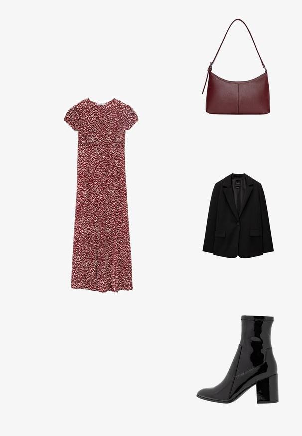 Črn blazer iz gladkega blaga z zapiranjem na en gumb, zarezanimi reverji in dvema sprednjima žepoma. Minimalističen dizajn, krojen pristen fit.; Rdeča cvetna obleka s kratkimi napihnjenimi rokavi, ki ima nabrano telo in tekočo krilo, prikazana na nevtralni podlagi.; Črne lakaste gležnjarje z gladko teksturo, koničastim nosom in strukturiranim blokastim peto. Imajo zasnovo brez zadrge in kontrastno šivanje.; Bordo usnjeni ročni torbici s ukrivljeno obliko, enim ramenskim trakom in šivanjem na sredini. Gladka tekstura, minimum kovinskih dodatkov.