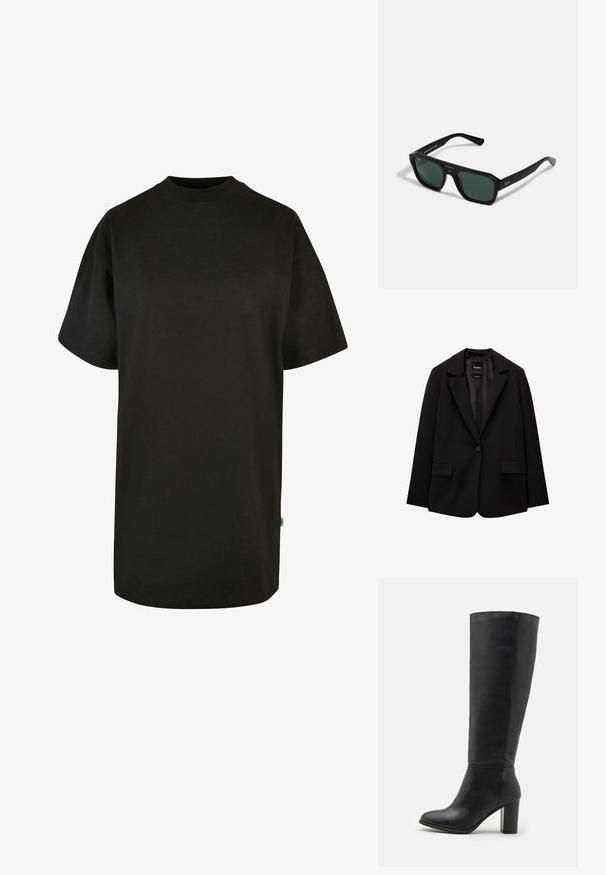 Czarna marynarka wykonana z gładkiego materiału, z pojedynczym zapięciem na guzik, wykrojonymi klapami i dwoma przednimi kieszeniami. Minimalistyczny design, dopasowany krój.; Czarna bawełniana koszulka z okrągłym dekoltem i krótkimi rękawami. Luźny krój, jednolity wzór, bez widocznych wzorów lub akcentów.; Czarne kozaki do kolan wykonane z gładkiej skóry, z szerokim obcasem i zaokrąglonym czubkiem. Minimalistyczny design bez widocznych elementów metalowych czy dekoracji.; Czarne prostokątne okulary przeciwsłoneczne z zielonymi soczewkami. Wykonane z plastiku w ośmiokątnym kształcie i gładkim wykończeniu. Posiadają logo Ray-Ban z boku.