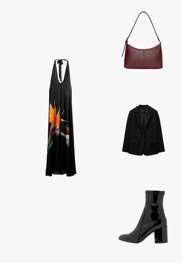 Sacou negru din țesătură fină, cu închidere cu un singur nasture, rever cu colțuri și două buzunare frontale. Design minimalist, croi ajustat.; Rochie maxi neagră cu bretele halter, având decolteu adânc în formă de V, imprimeu floral cu detalii vibrante de portocaliu și verde, realizată dintr-un material ușor și fluid.; Botine negre din patent, cu o textură netedă, vârf ascuțit și un toc bloc structurat. Prezintă un design fără fermoar și cusături contrastante.; Geantă din piele bordo cu o formă curbată, un singur mânere pentru umăr și detalii cusute în centru. Textură netedă, hardware minim.
