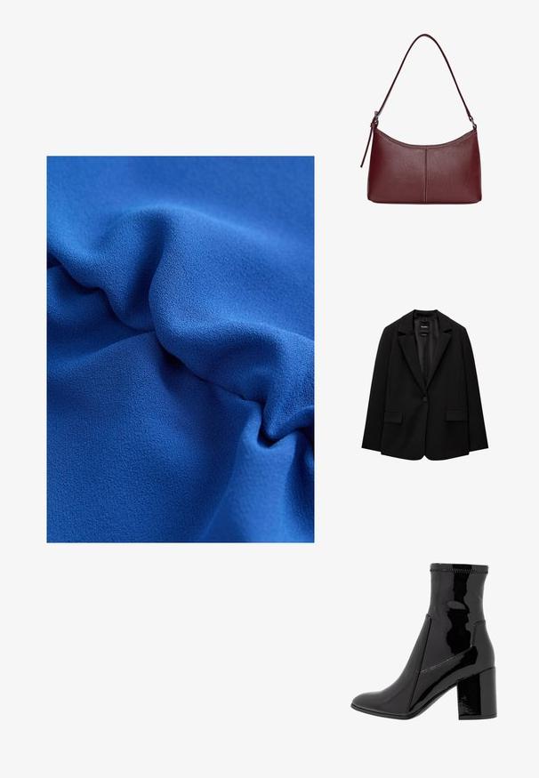 Zwarte blazer van gladde stof met een enkele knoopsluiting, notch-lapels en twee voorzakken. Minimalistisch ontwerp, getailleerde pasvorm.; Blauwe textuurstof met zachte, vloeiende draperingen en een gladde oppervlakte, die een rijke kleur en subtiele glans benadrukt.; Zwarte patenten enkellaarsjes met een gladde textuur, een spitse neus en een gestructureerde blokhak. Heeft een ritsvrije ontwerping en contrasterende stiksels.; Bordeaux lederen handtas met een gebogen vorm, een enkele schouderriem en gestikte details in het midden. Glad textuur, minimale hardware.
