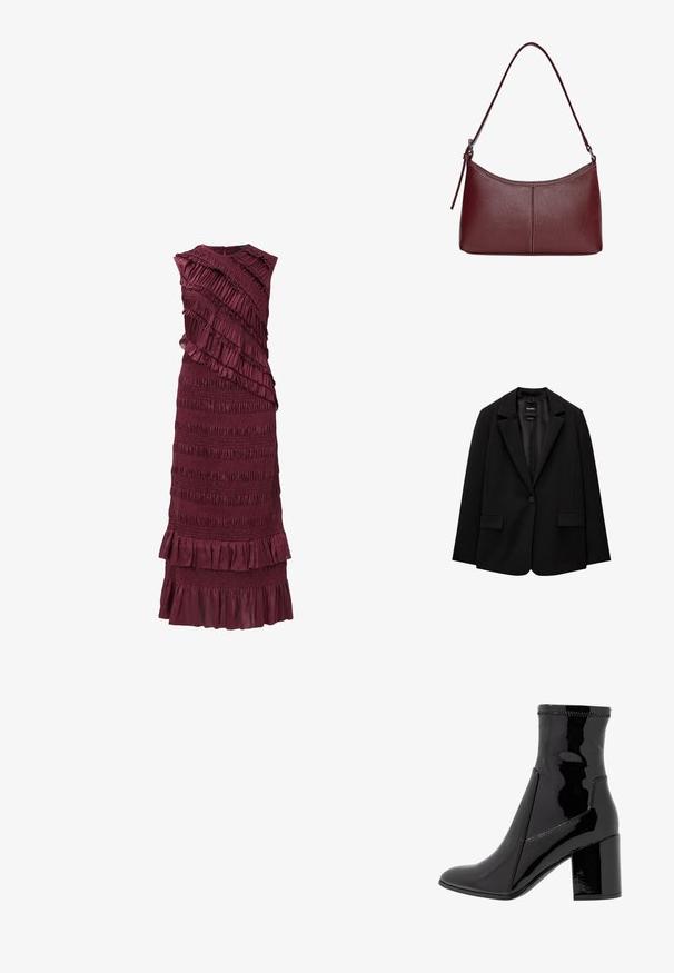 Čierny blejzer vyrobený z hladkej tkaniny s jedným gombíkom, klapkovými nohavicami a dvomi prednými vreckami. Minimalistický dizajn, strih na mieru.; Bordová bezramienková šaty s viacvrstvovými volánmi a smockovanou textúrou, ktorá má priliehavú korzetovú časť a rozšírený lem.; Čierne lakované členkové čižmy s hladkým povrchom, špicatou špičkou a pevným blokovým opätkom. Disponujú dizajnom bez zipsu a kontrastným prešívaním.; Bordová kožená kabelka s zakriveným tvarom, s jedným ramenným popruhom a prešitými detailmi v strede. Hladký povrch, minimalistické príslušenstvo.