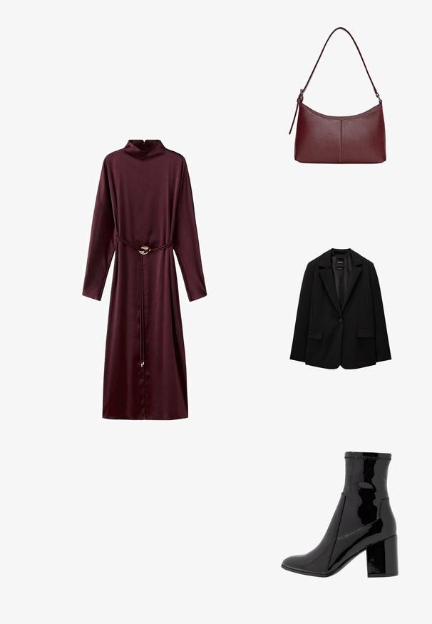 Svart blazer i slätt tyg med enknappsstängning, spetsig krage och två framfickor. Minimalistisk design, skräddarsydd passform.; Burgundy långärmad klänning med hög krage, cinchad midja med ett bälte, och en elegant, slät textur. Har en rund metallspänne detalj.; Svart lackankelboot med en slät yta, spetsig tå och en strukturerad blockklack. Har en dragkedjelös design och kontrasterande sömmar.; Vinröd läderhandväska med en böjd form, en enkel axelrem och sömnadsdetaljer i mitten. Slät textur, minimal hårdvara.